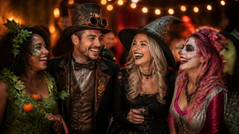 A vibrant and sharply focused photograph of a diverse group of adults laughing together at a Halloween party, wearing...