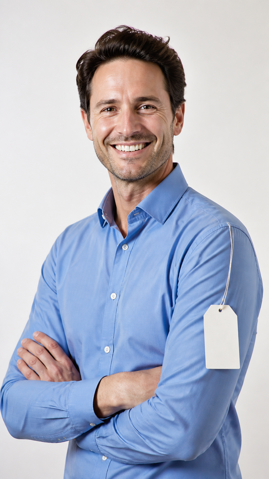 A bright photograph of an adult wearing a blue button-down shirt with a large price tag attached to the sleeve, smili...