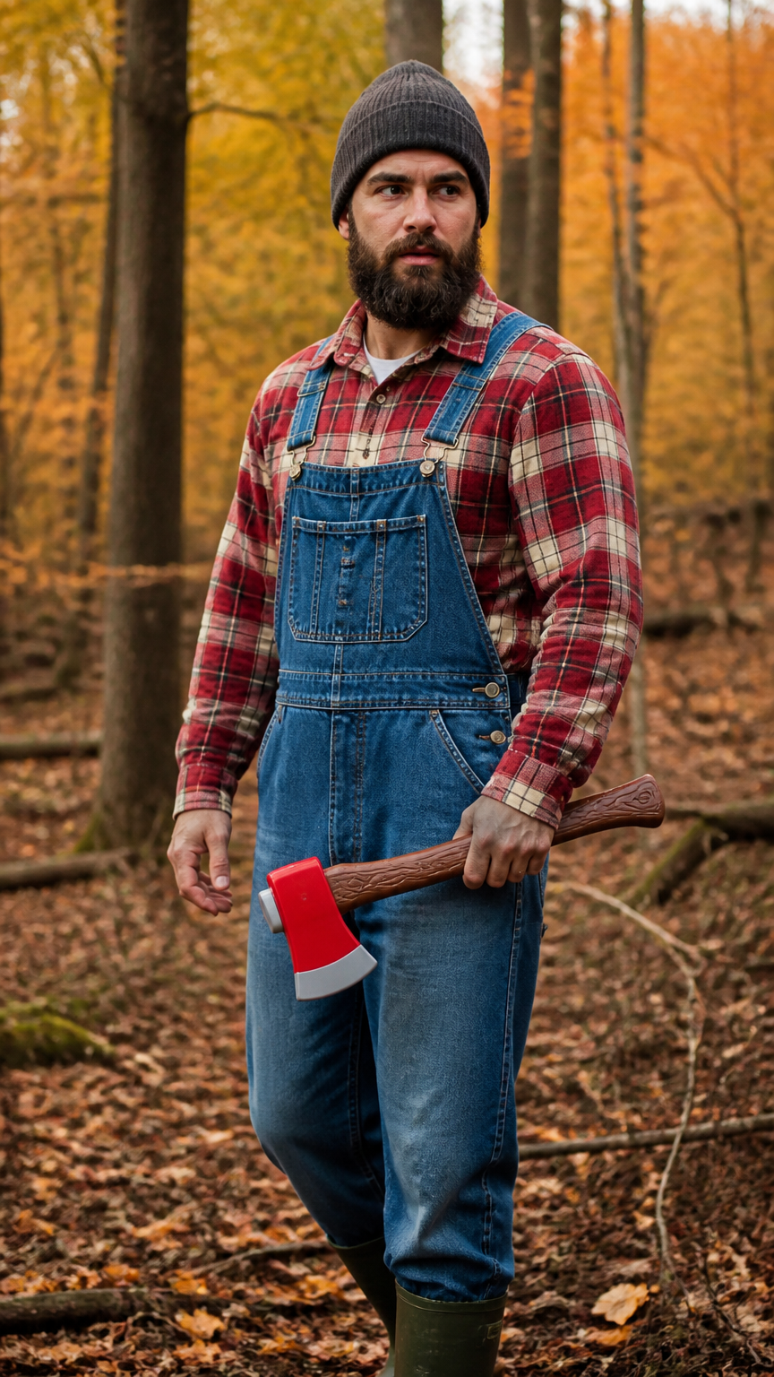 A professional photograph of an adult wearing a plaid flannel shirt, denim overalls, and carrying a toy plastic axe