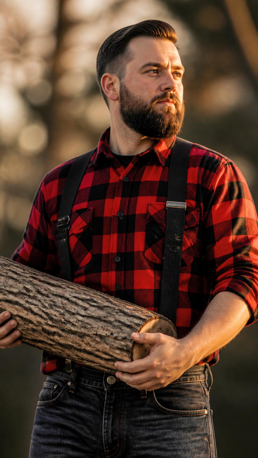 A crisp photograph of a person wearing a red and black buffalo check shirt and suspenders, holding a faux-wood log prop