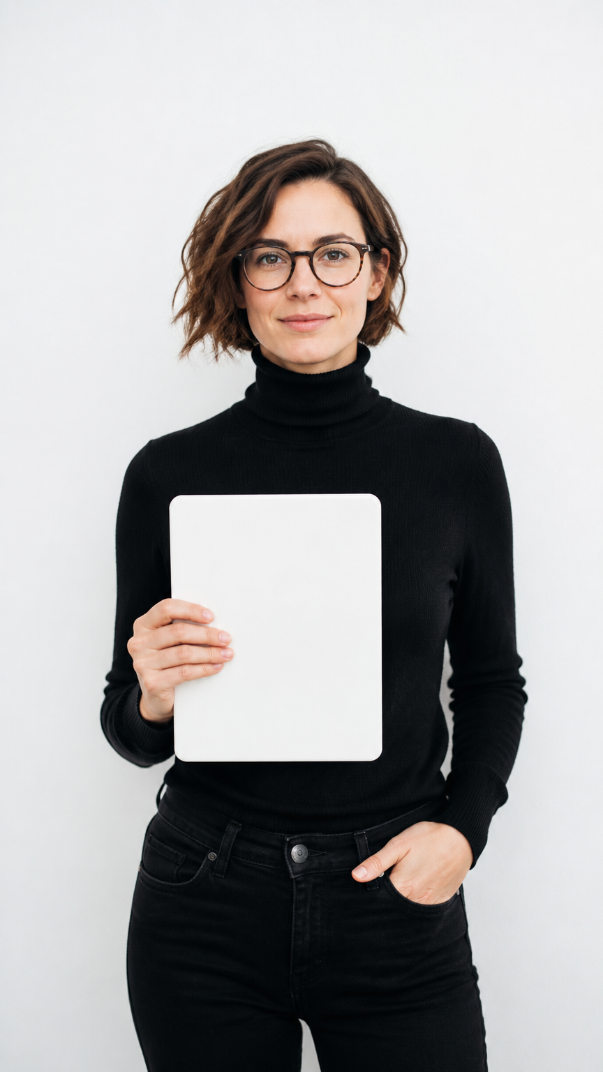 A clear, sharp photograph of an adult wearing a black turtleneck and round glasses, holding a minimalist white rectan...