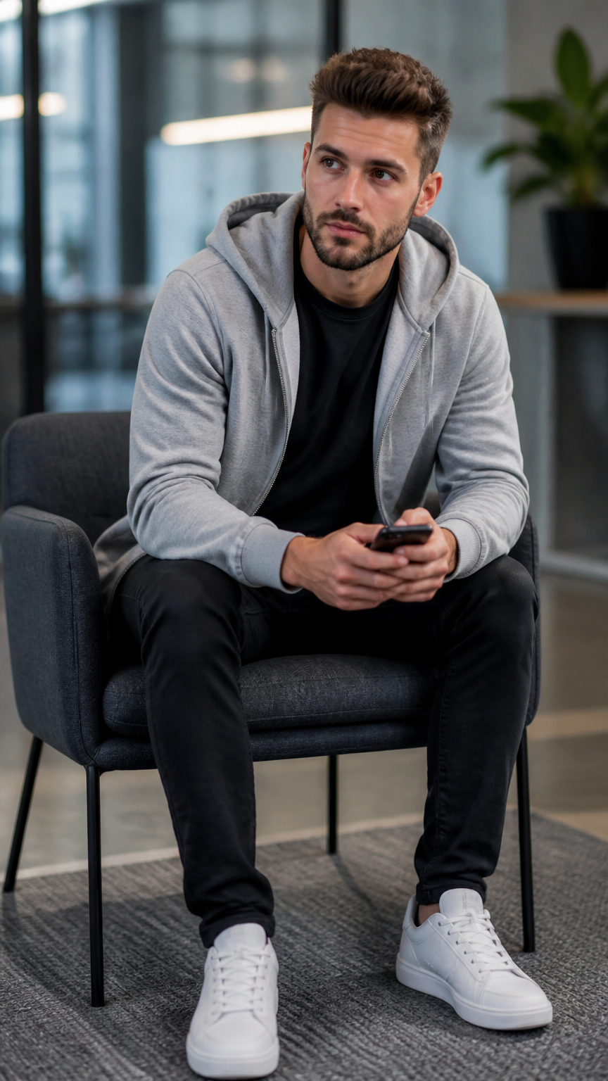 A close-up photograph of a person wearing a grey zip-up hoodie over a black t-shirt, wearing sneakers and holding a s...