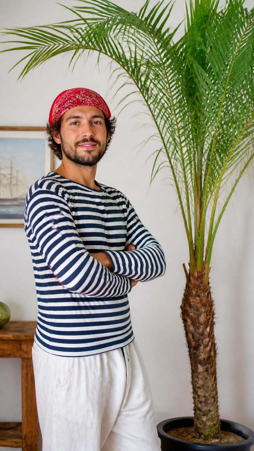 A vivid photograph of a person wearing a striped sailor shirt and a red bandana, standing next to a houseplant acting...