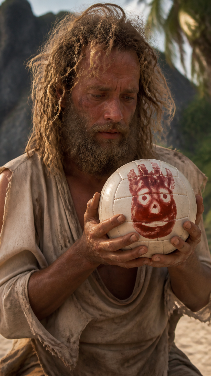 A detailed photograph of an adult wearing a ragged shirt and messy hair, holding a volleyball with a painted face