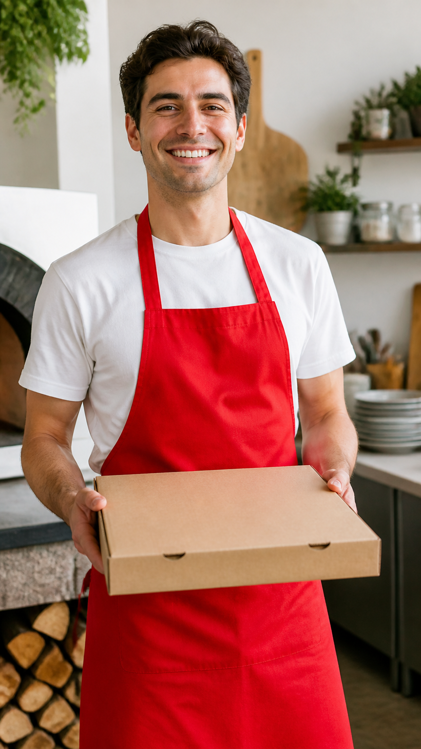 A bright photograph of an adult wearing a bright red apron over a white shirt, holding a cardboard pizza box