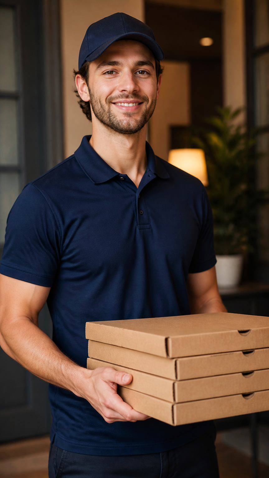 A crisp photograph of a person wearing a baseball cap and a delivery uniform shirt, holding a stack of empty pizza boxes