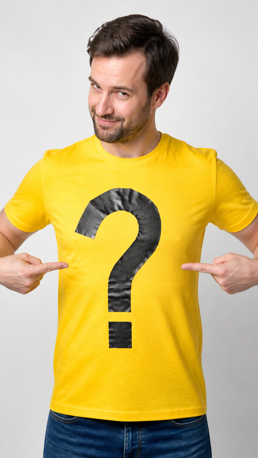 A clear photograph of an adult wearing a bright yellow t-shirt with a giant question mark taped to the front, posing...