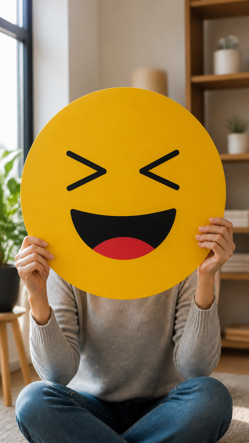 A detailed photograph of a person holding a large yellow poster board cut into a circle with a laughing emoji face dr...