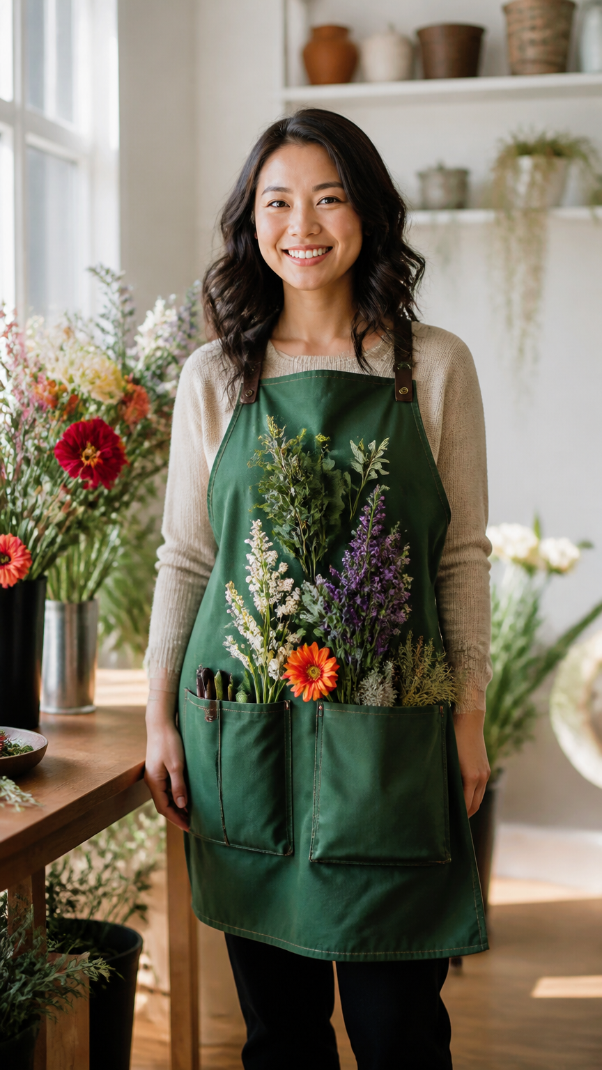 A warm photograph of an adult wearing a green gardener's apron filled with artificial flowers and green leaves, s...