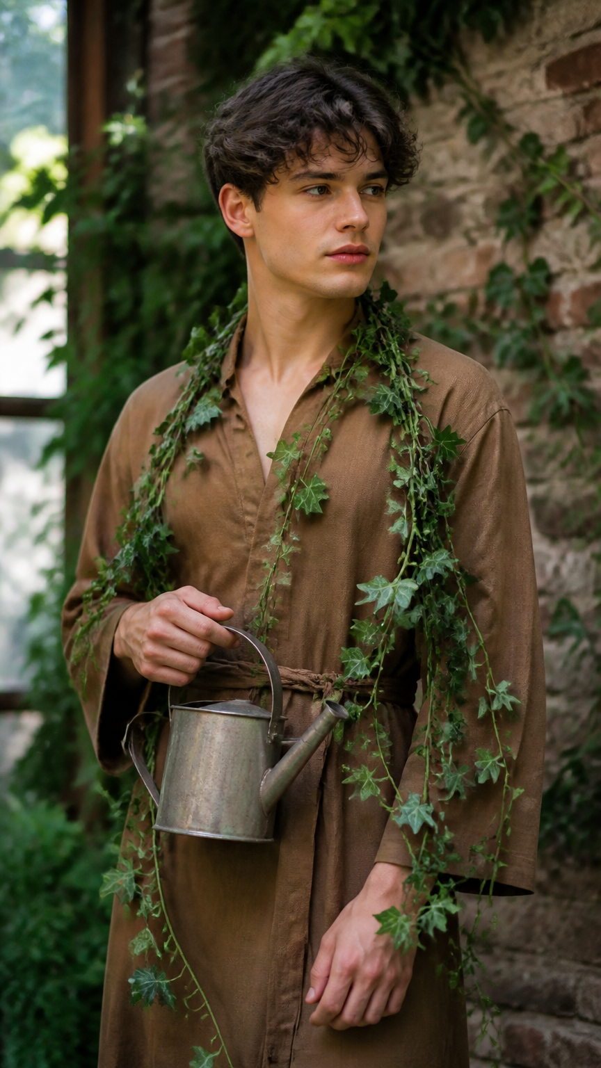 A crisp photograph of a person wearing an earthy brown tunic with fake green ivy vines wrapped around their shoulders...