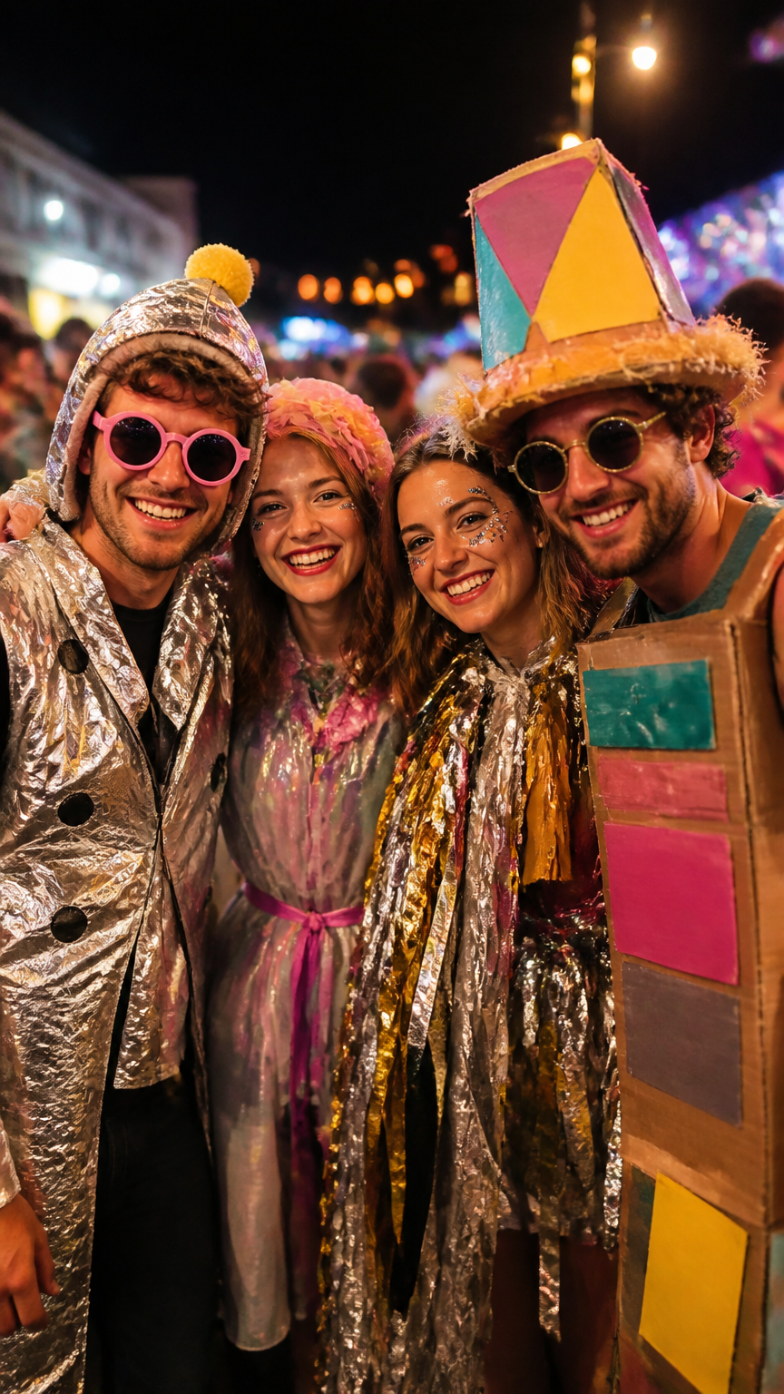 A vivid photograph of a group of friends celebrating together in creative DIY costumes under festive lighting, smilin...