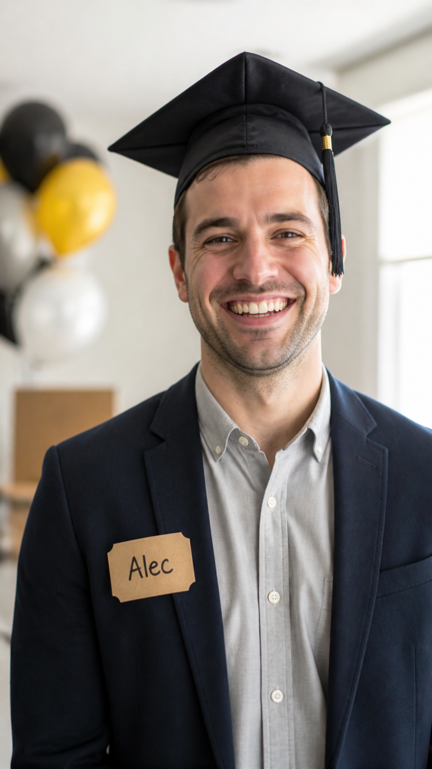 A close-up photograph of an adult wearing a graduation cap and a name tag that reads Alec, smiling in a brightly lit...