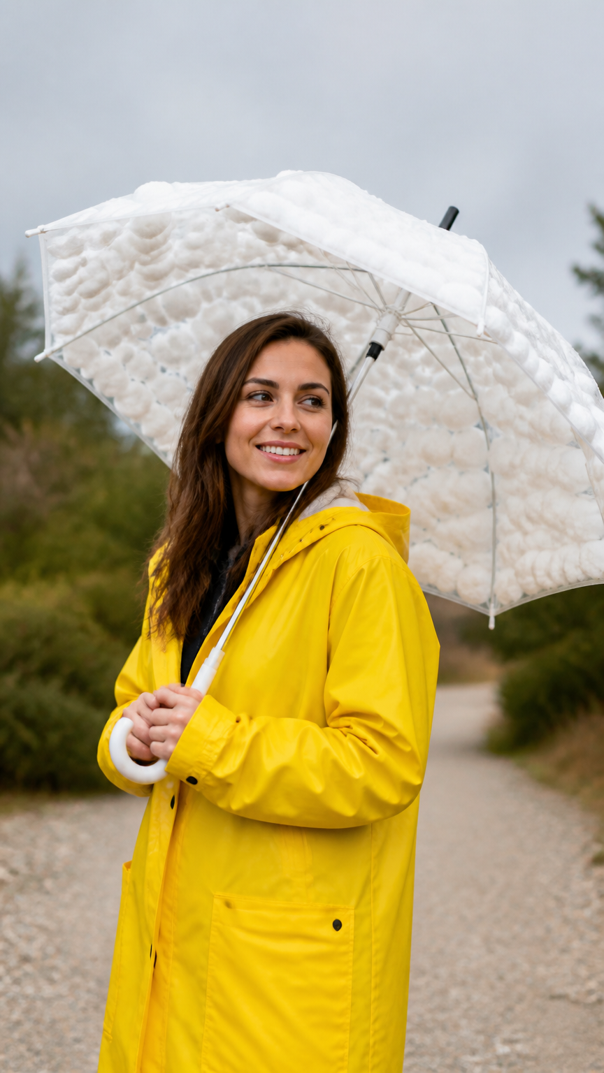 A clear, bright photograph of an adult wearing a bright yellow raincoat and carrying a white umbrella filled with cot...