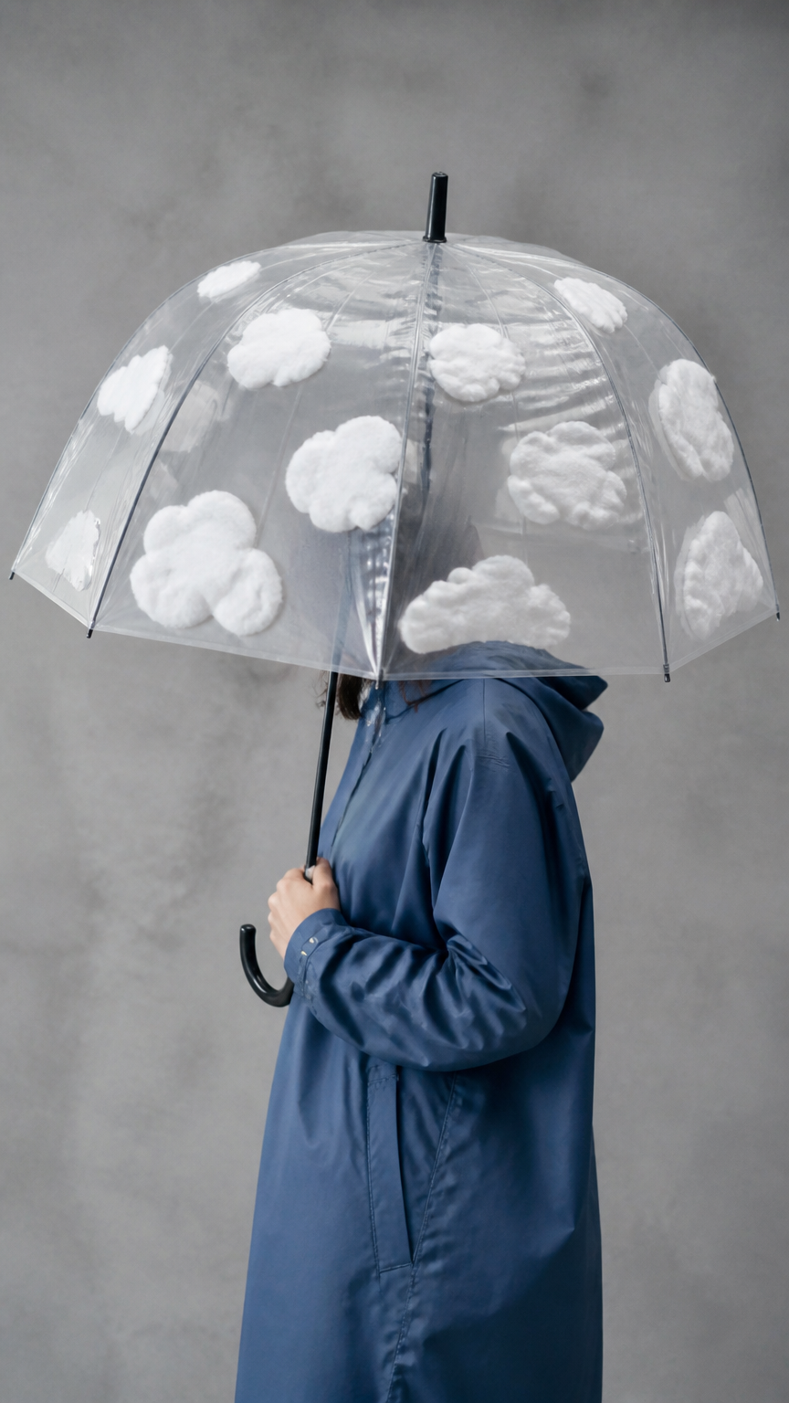 Someone wearing a blue raincoat holding a clear umbrella decorated with glued-on cotton wool pads, standing against a...