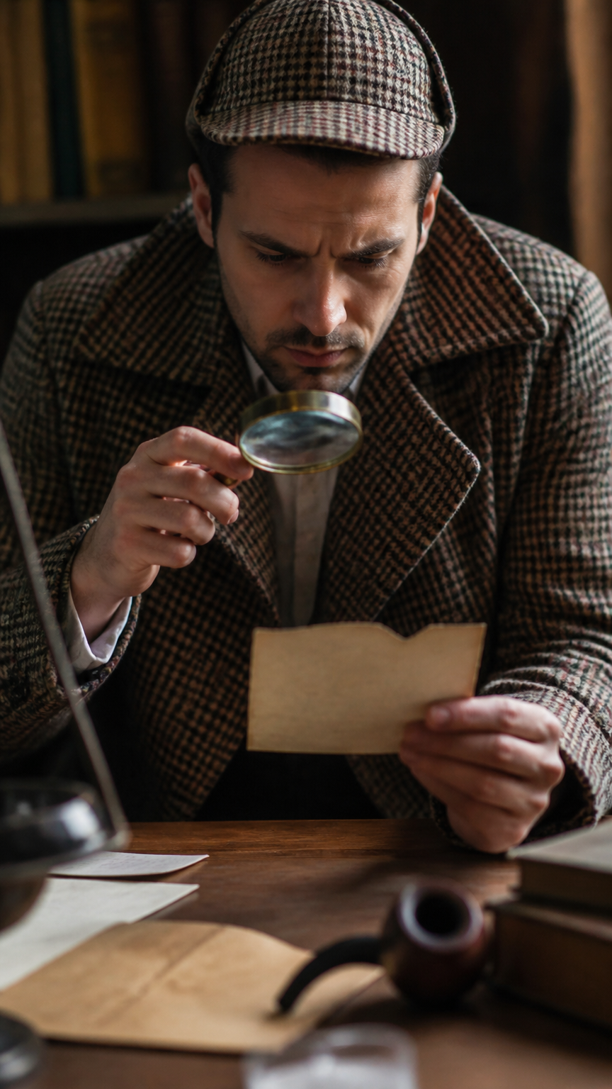 A sharp photograph of an adult wearing a plaid trench coat and a magnifying glass, examining a fake clue on a wooden...