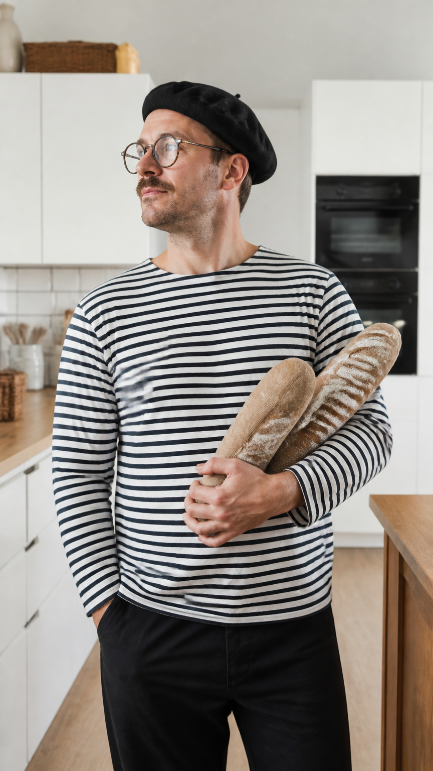 A vibrant photograph of an adult wearing a striped shirt and a felt beret, holding a fake baguette under one arm
