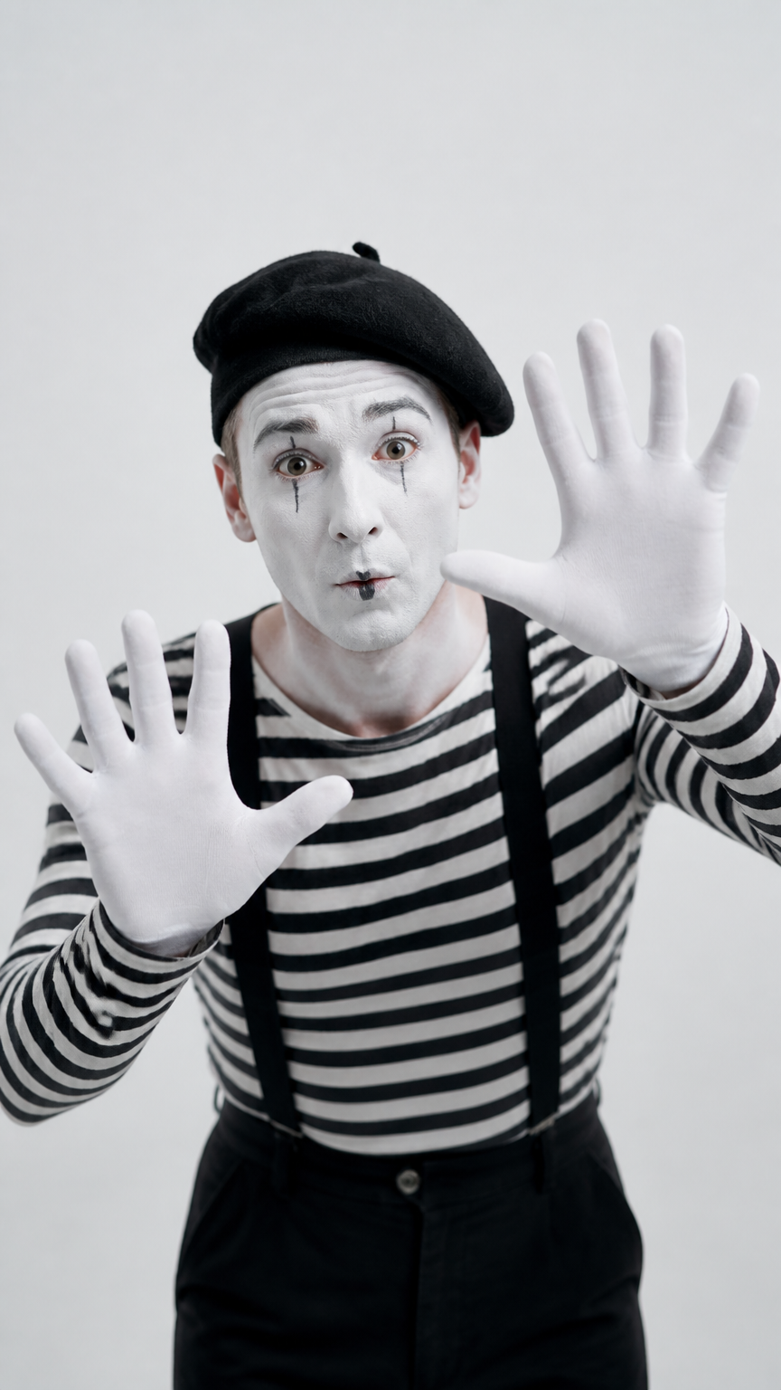 A crisp photograph of a person wearing black and white stripes and white face paint, posing with hands pressed agains...