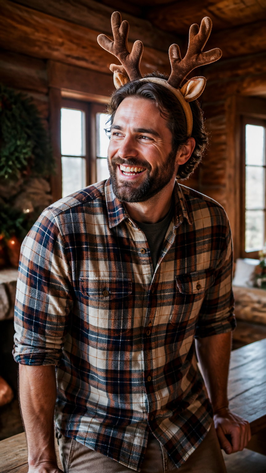 A warm, detailed photograph of an adult wearing a cozy flannel shirt and a headband with toy deer antlers attached