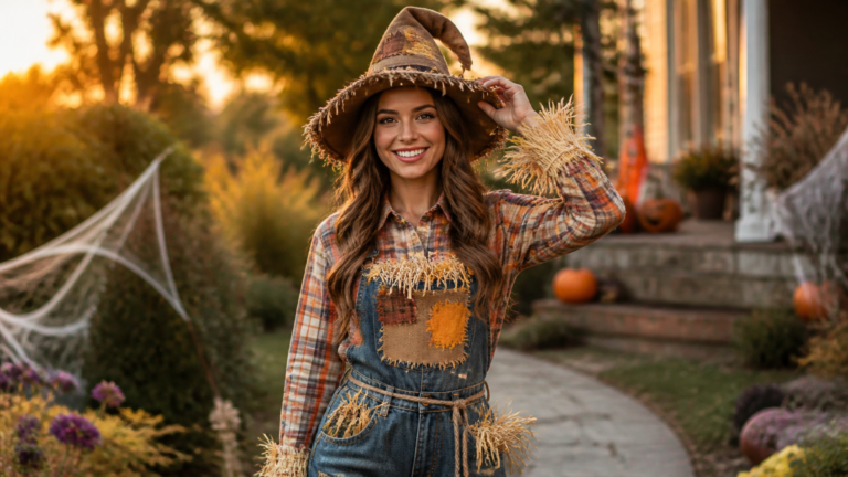 A high-resolution photograph of a smiling woman posing in a creative DIY Halloween costume outdoors during golden hou...