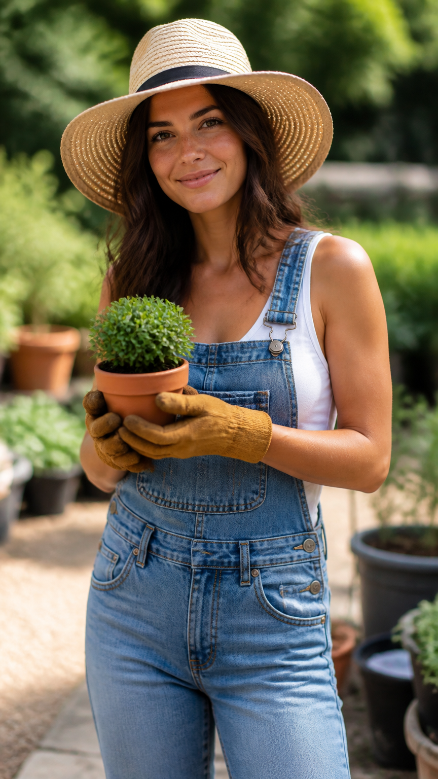 A high-end photograph of a woman wearing denim overalls, a straw sun hat, leather gardening gloves, holding a small t...