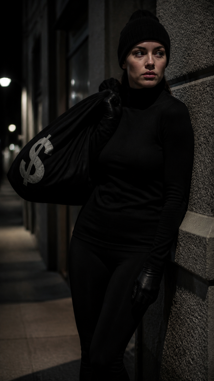 A clear photograph of a woman wearing a black turtleneck, black leggings, a black beanie, a black cloth money bag wit...