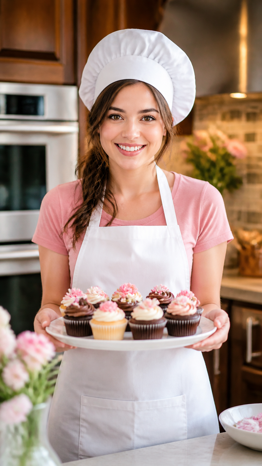 A sharp photograph of a woman wearing a white chef apron over a pink t-shirt, a white chef hat, holding a tray of dec...