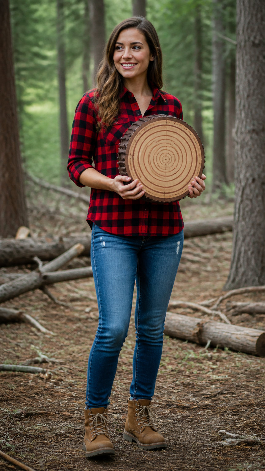 A sharp photograph of a woman wearing a red and black buffalo plaid shirt, denim jeans, work boots, holding a cardboa...