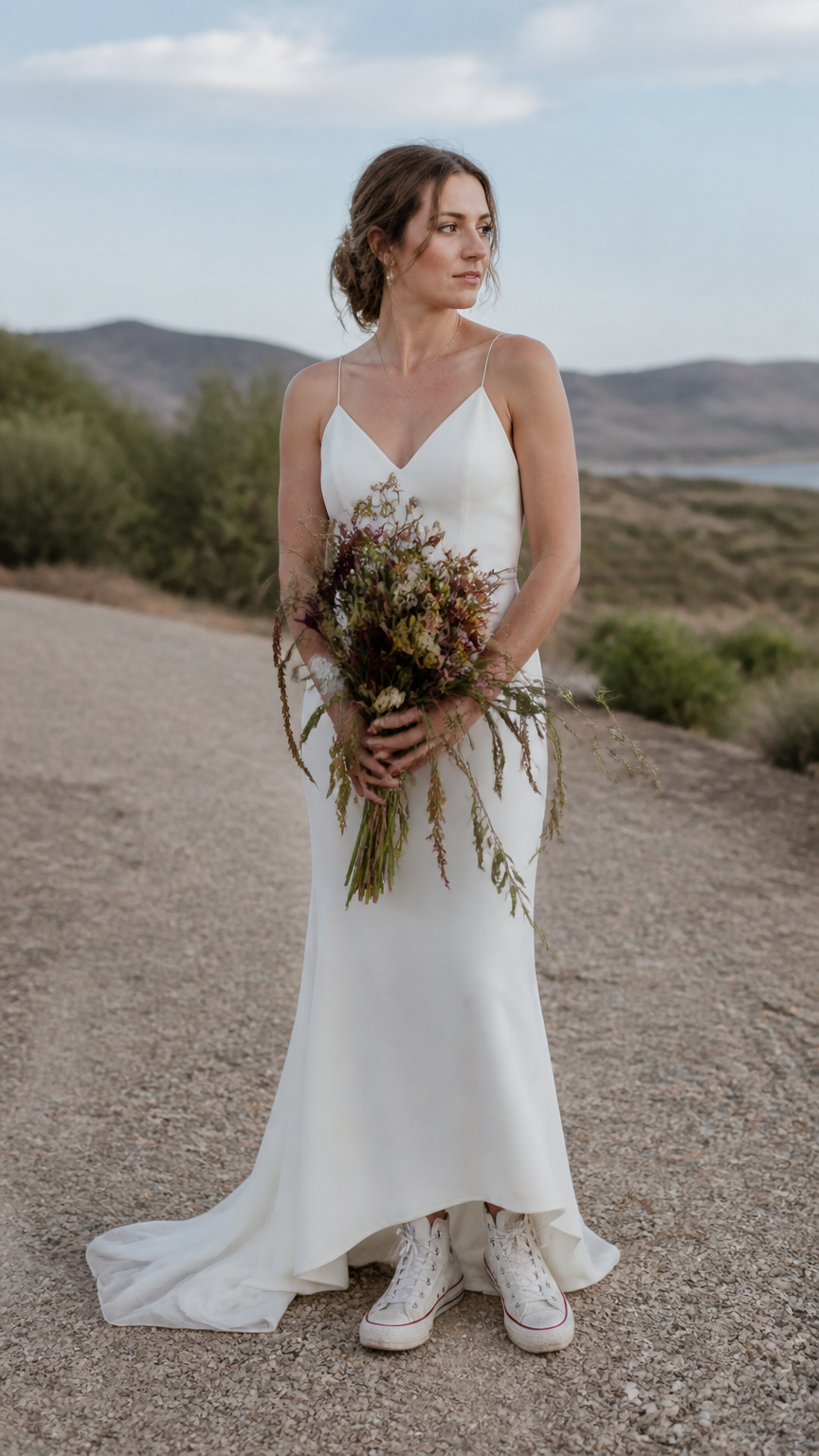 A clear photograph of a woman wearing a simple white wedding dress paired with scuffed white Converse sneakers, holdi...