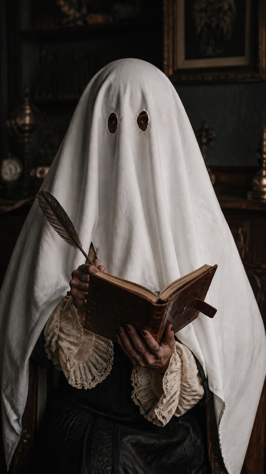 A high-end photograph of a woman wearing a white bedsheet with two eyeholes cut out over vintage clothing, holding a...