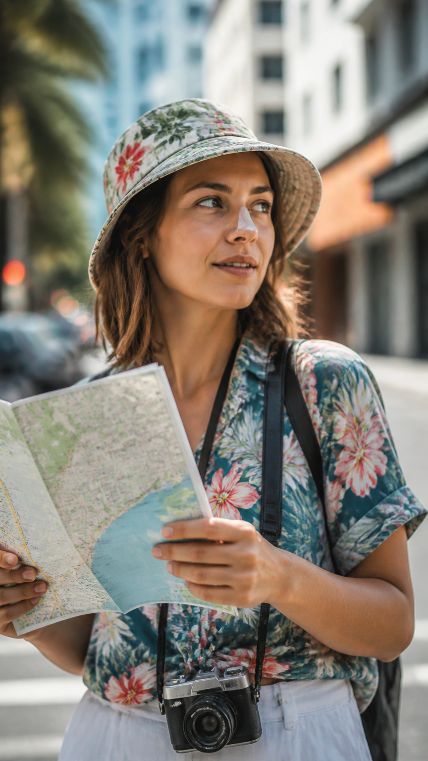 A crisp, detailed photograph of a woman wearing a Hawaiian floral shirt, a bucket hat, a camera around her neck, hold...