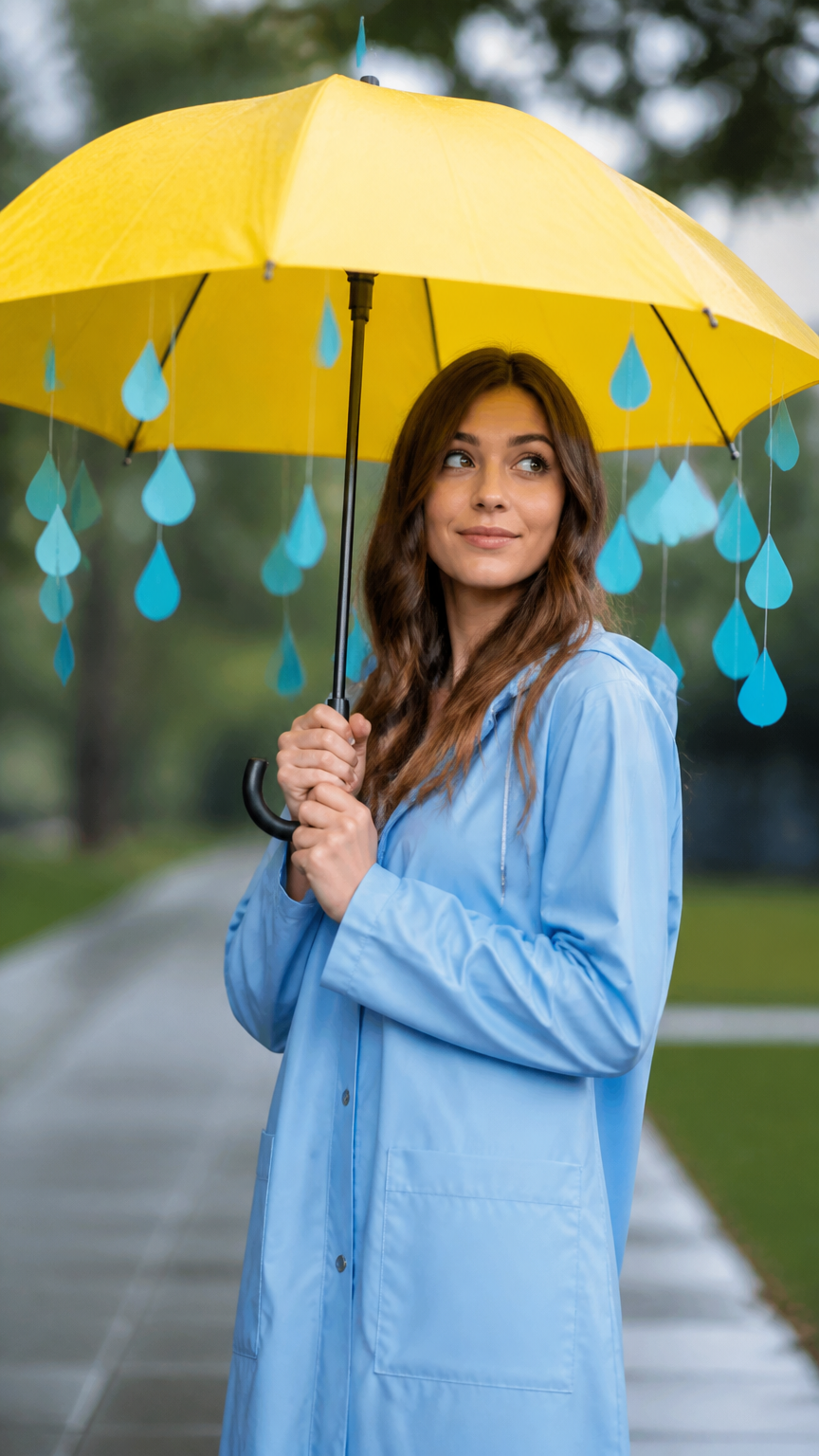A clear, sharp photograph of a woman wearing a light blue raincoat, holding a yellow umbrella with paper blue teardro...