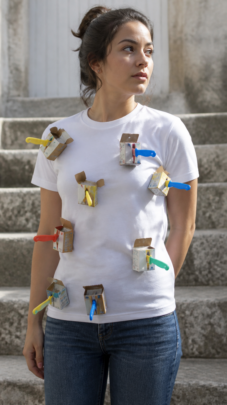 A detailed photo of a woman wearing a plain white t-shirt covered in small empty cereal boxes pierced with plastic to...