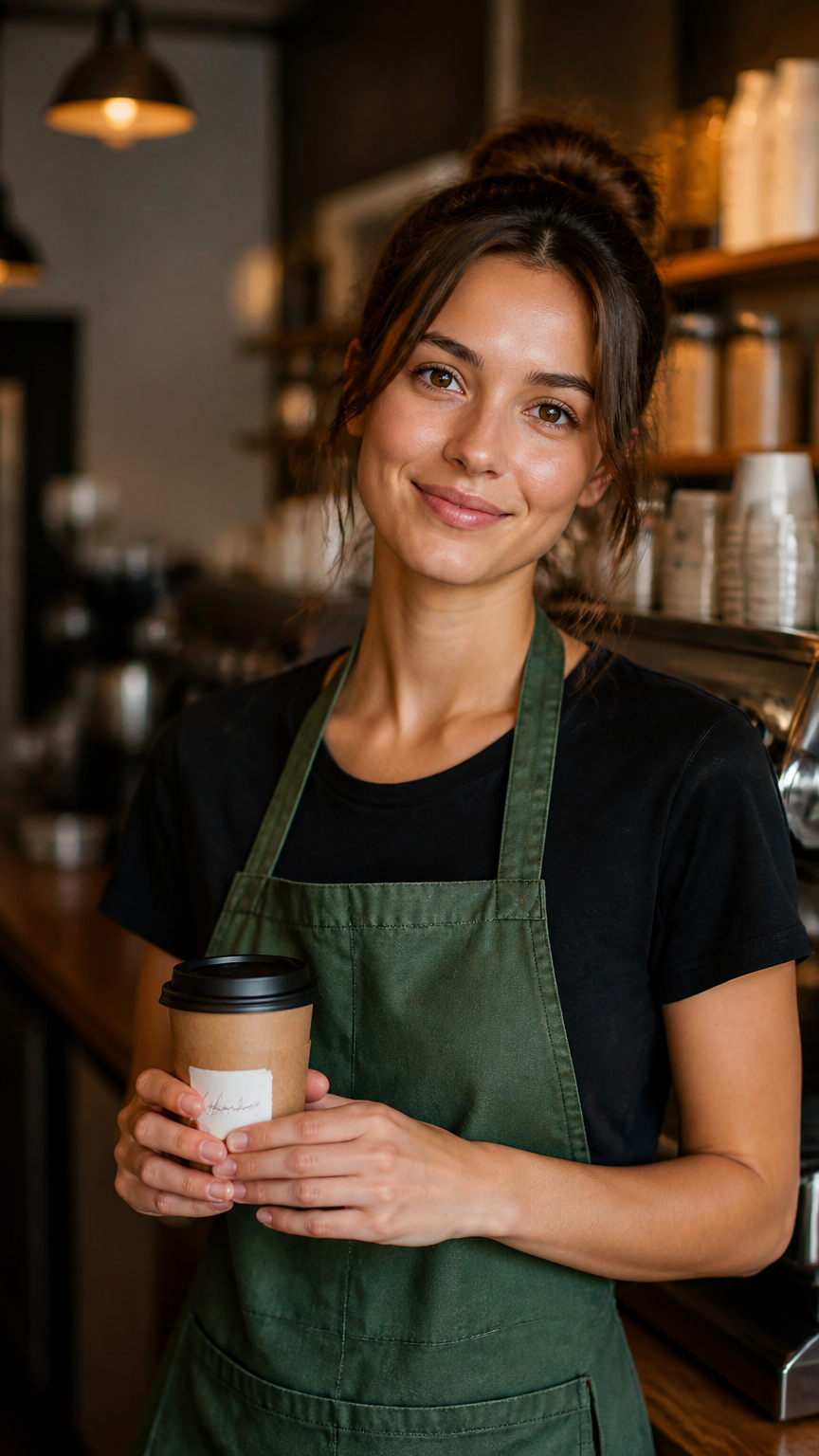 A high-end photograph of a woman wearing a green apron over a black t-shirt, holding a cardboard coffee cup with a cu...