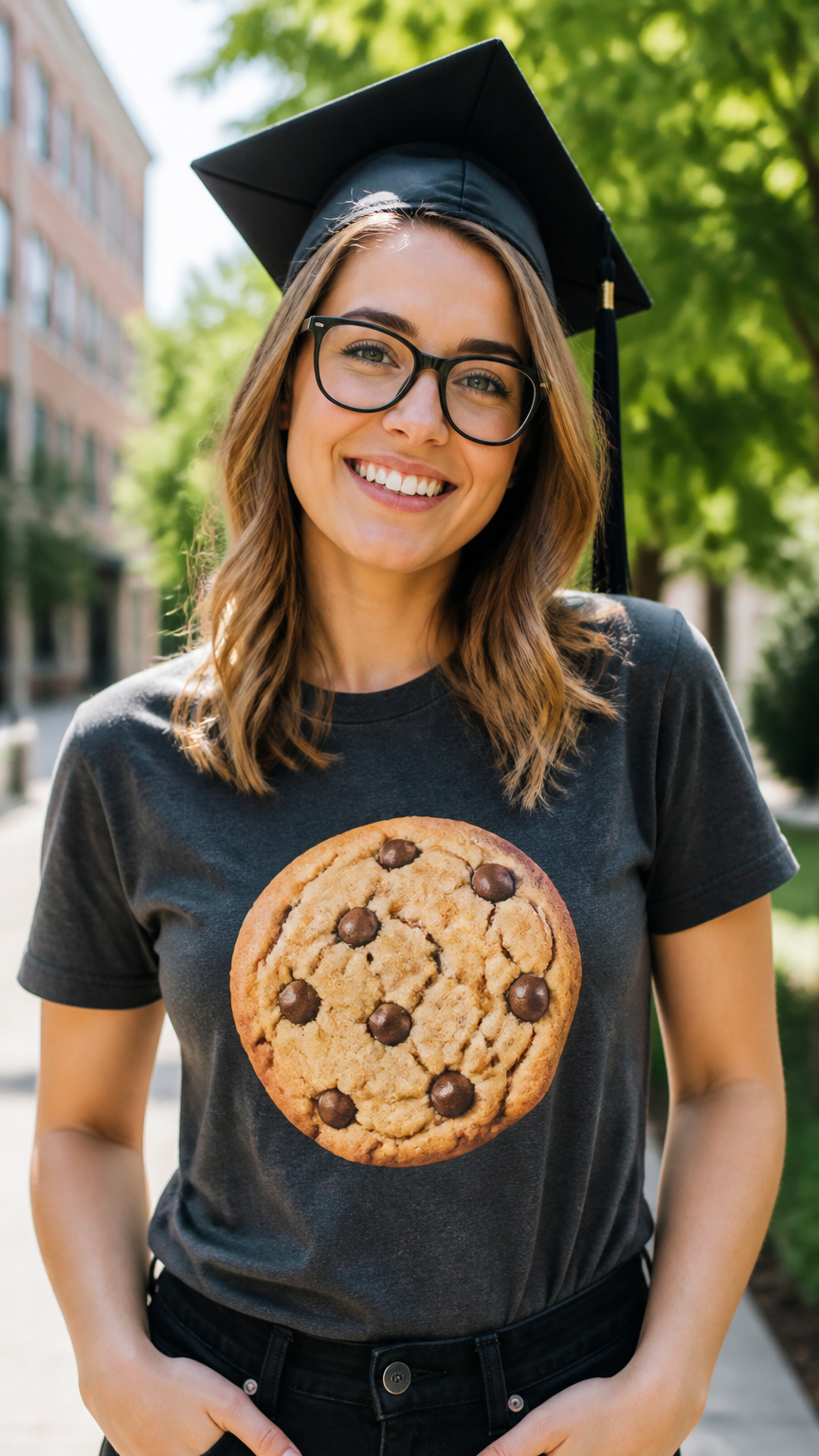 A clear, focused photograph of a woman wearing thick black-rimmed glasses, a graduation cap, and a t-shirt with a gia...