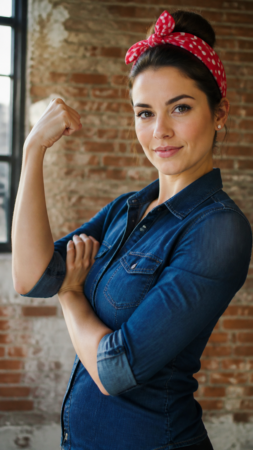 A sharp photograph of a woman wearing a dark blue denim button-down shirt, a red polka-dot headscarf tied in a bow, f...