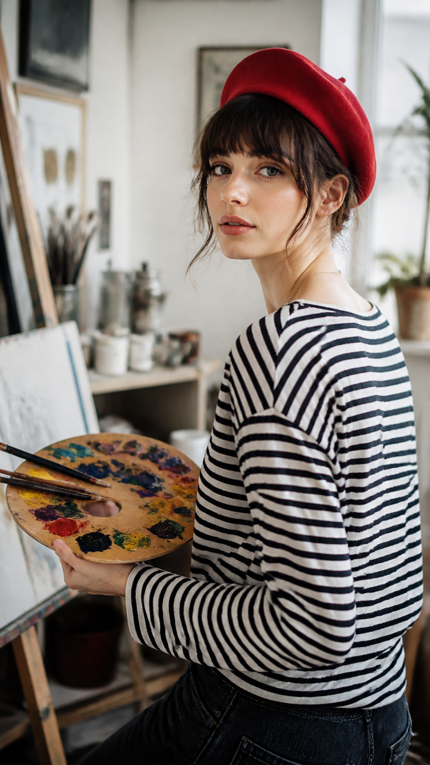 A detailed photograph of a woman wearing a black-and-white striped long-sleeve shirt, a red beret, holding a wooden a...