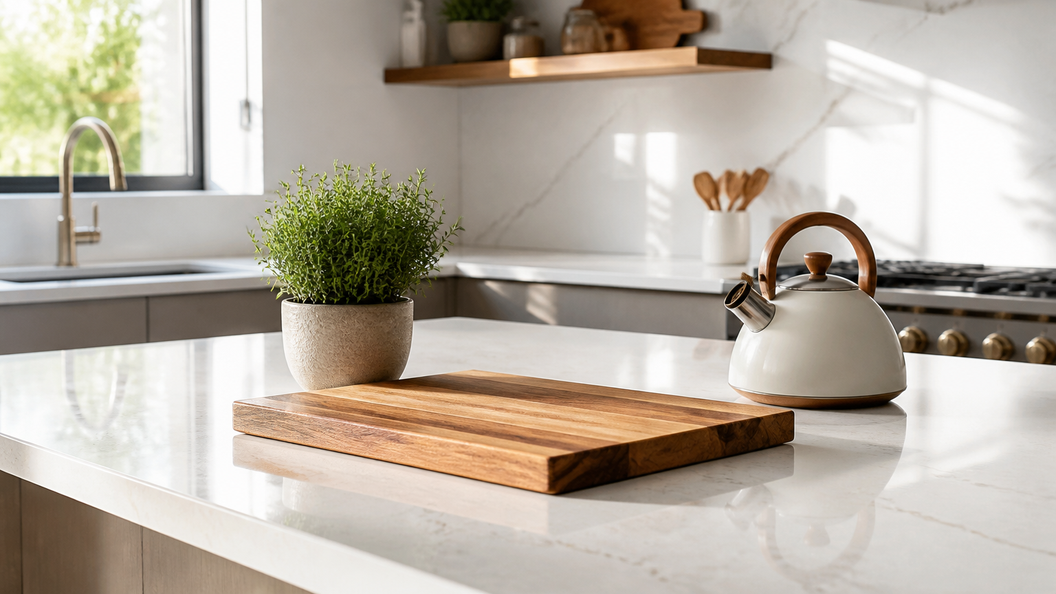 A bright, sunlit modern kitchen with a pristine white quartz countertop holding only a chic wooden cutting board, a p...