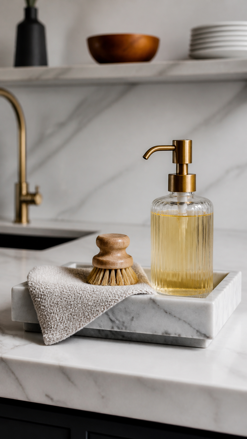 A close-up of a stylish minimalist kitchen counter showing a marble tray neatly holding dish soap, a scrub brush, and...