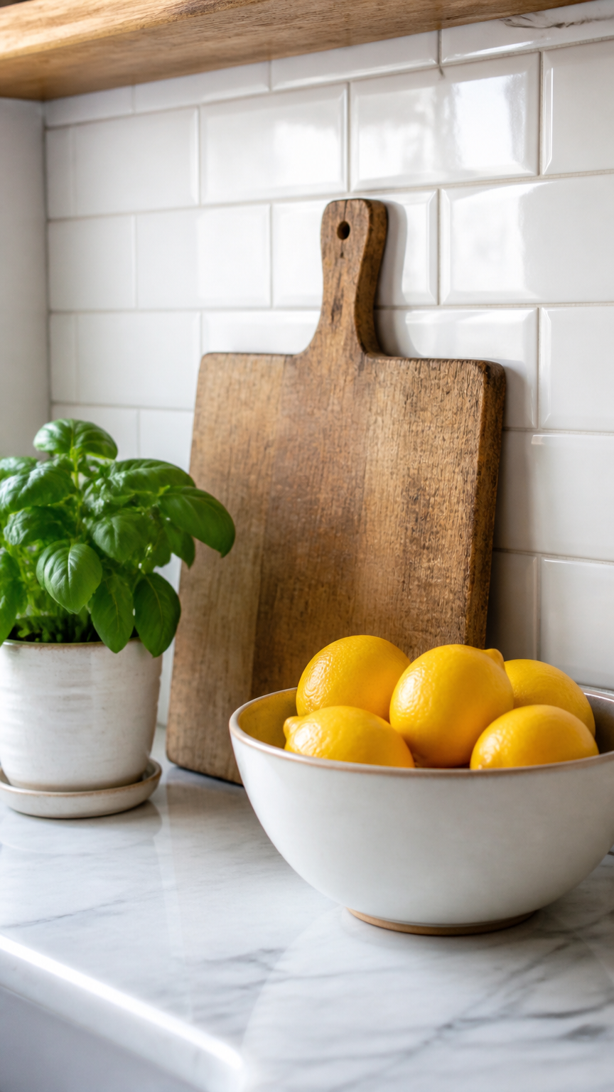 A cozy kitchen counter featuring a rustic wooden cutting board leaning against a white tile backsplash, next to a cer...