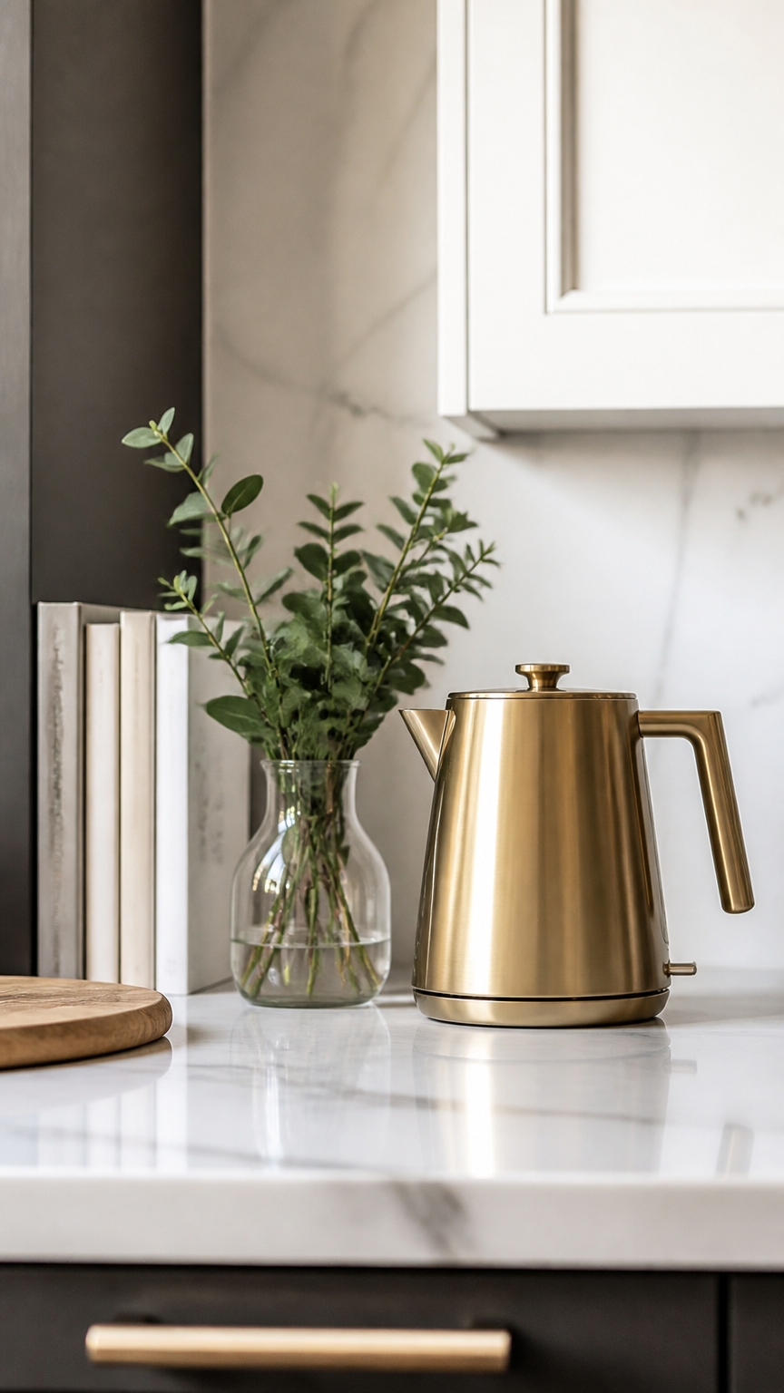 A sleek kitchen counter styled with a minimalist brass electric kettle, a small glass vase with fresh eucalyptus bran...