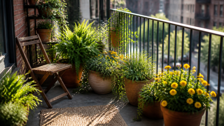 A sunlit apartment balcony filled with an assortment of terracotta and ceramic pots containing lush green ferns, trai...