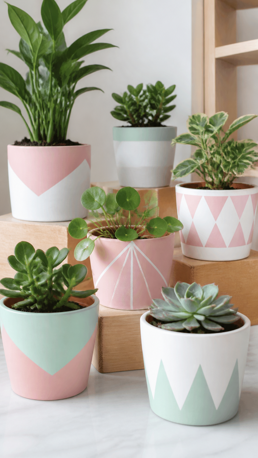 A collection of plain terra cotta pots painted in geometric patterns with pastel pink, mint, and white exterior paint...