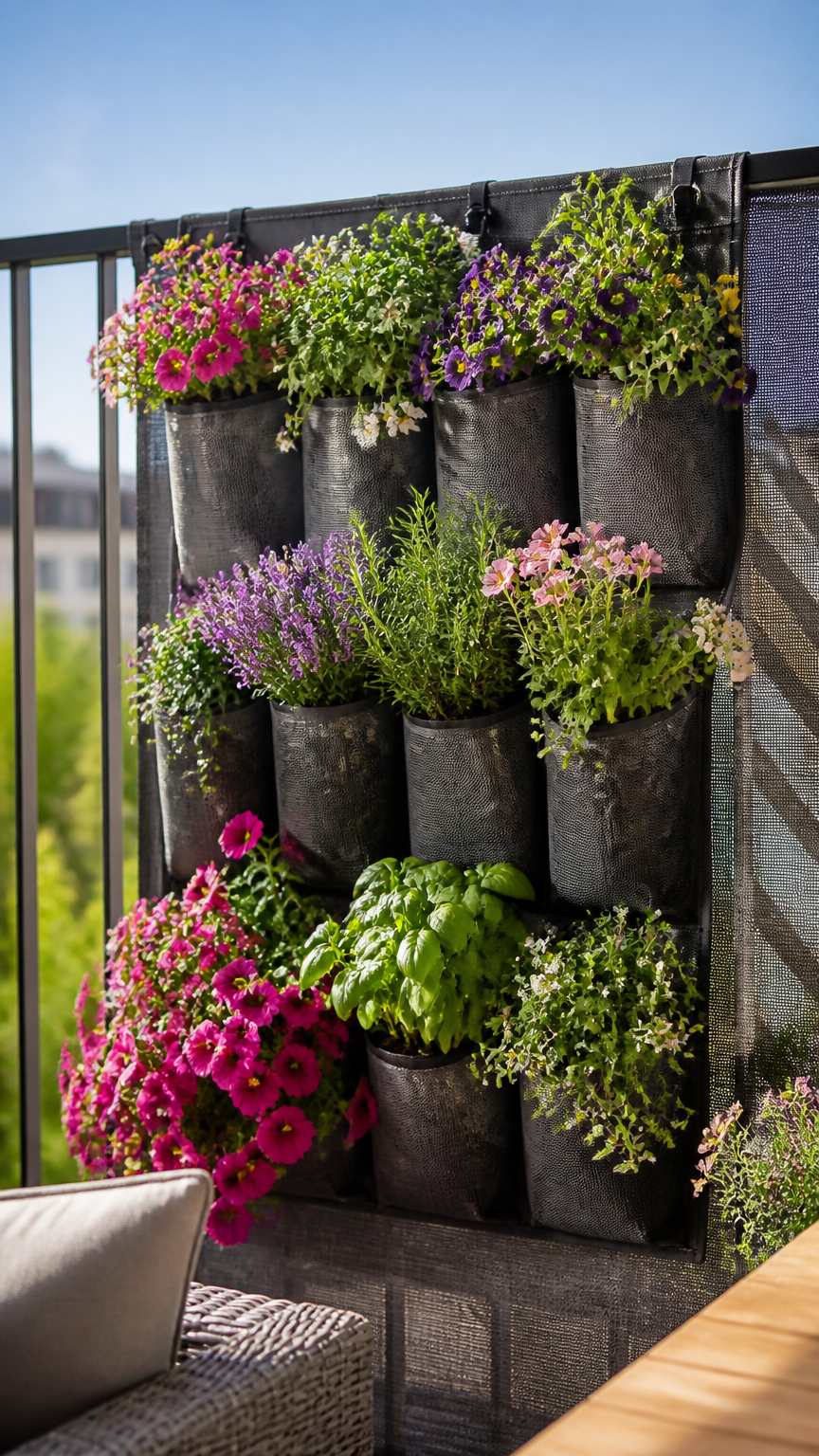 A fabric over-the-door shoe organizer hung on a balcony privacy screen, with each mesh pocket holding vibrant trailin...