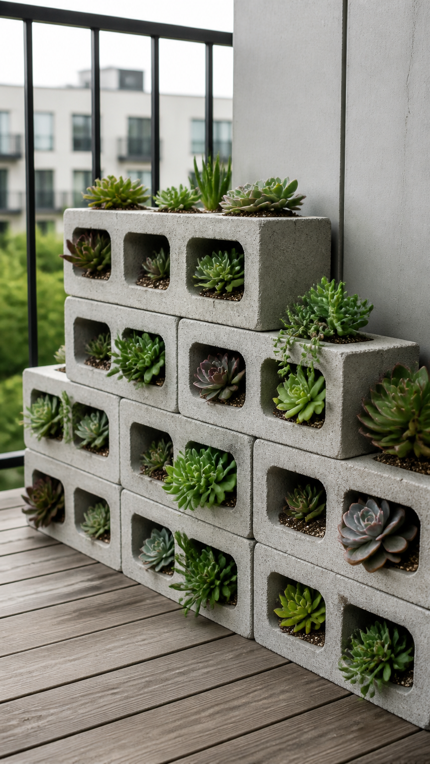 Standard grey concrete cinder blocks stacked horizontally on a balcony floor, with small green and purple succulents...