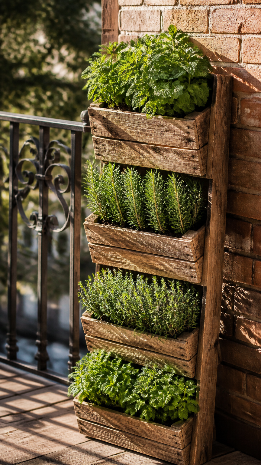 A vertical stack of old wooden wine crates leaning against a brick balcony wall, filled with pots of mint, rosemary,...