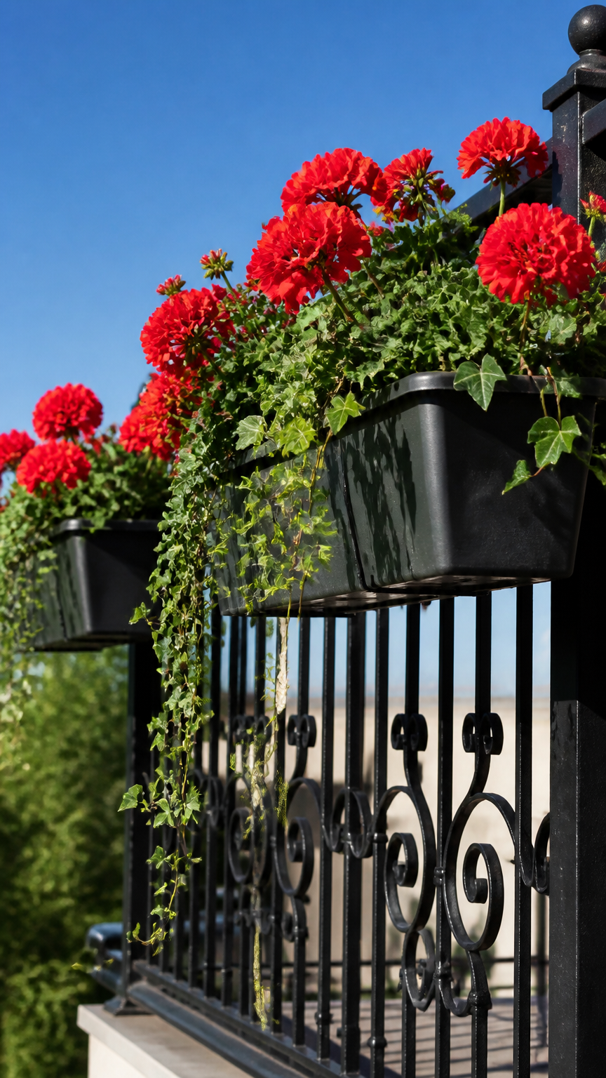 Metal flower boxes hooked securely onto a black iron balcony railing, overflowing with bright red geraniums and trail...