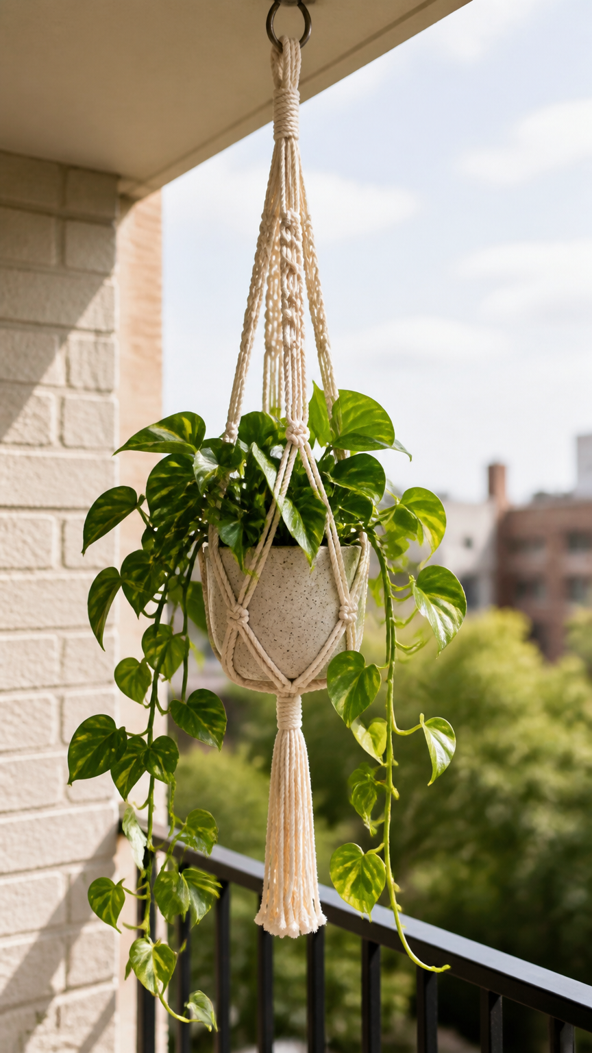 A handmade cream-colored macrame hanger holding a speckled ceramic pot with a trailing pothos plant, hanging from a b...
