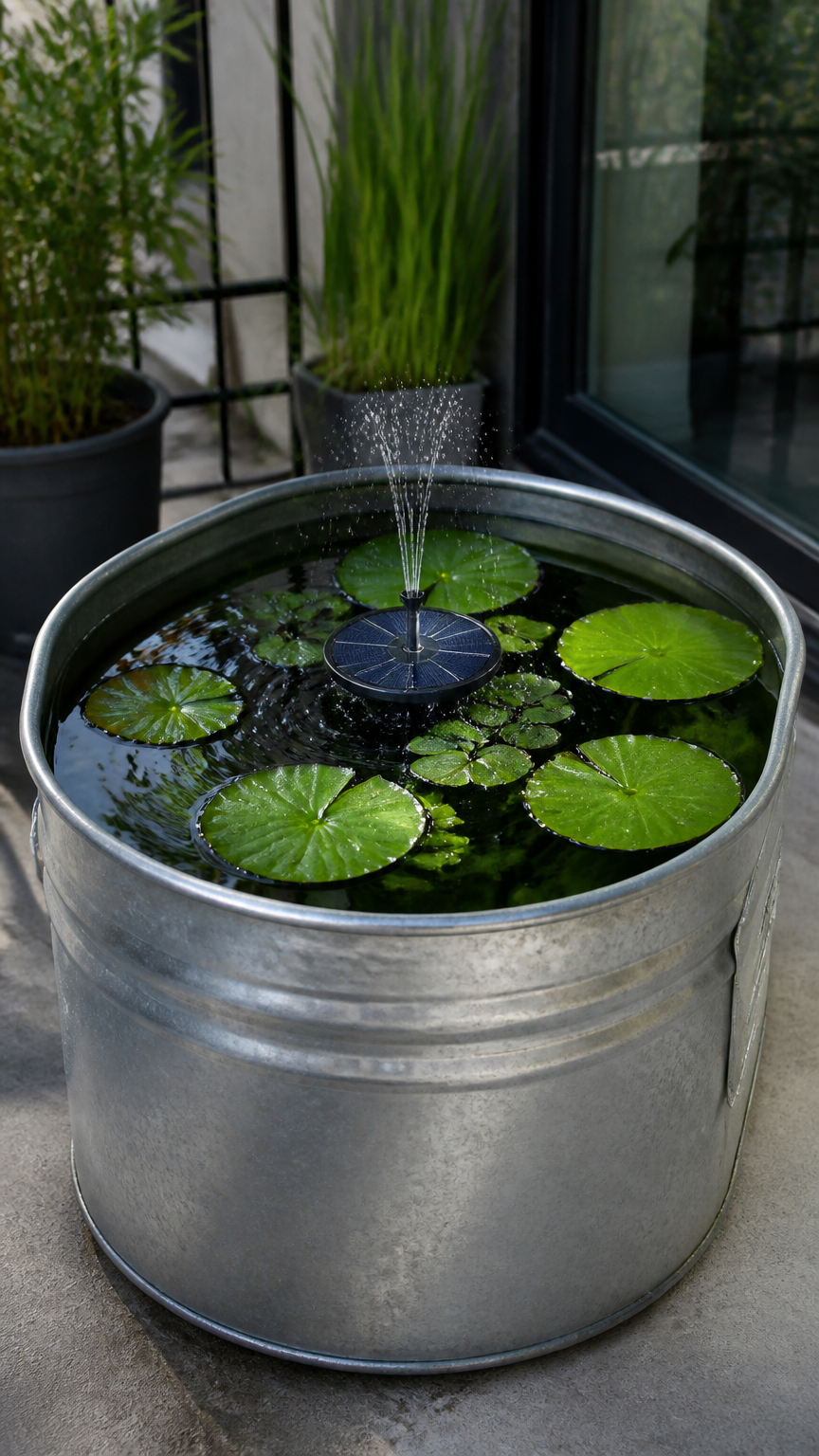 A galvanized steel livestock tub converted into a mini water garden on a concrete balcony, containing floating lotus...