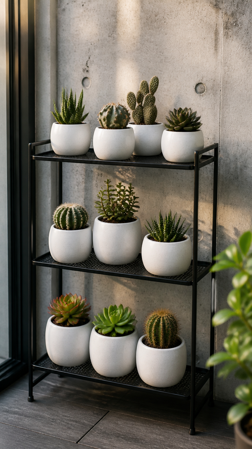 A dark metal three-tier plant stand holding an assortment of succulents and small cacti in matching white ceramic pot...