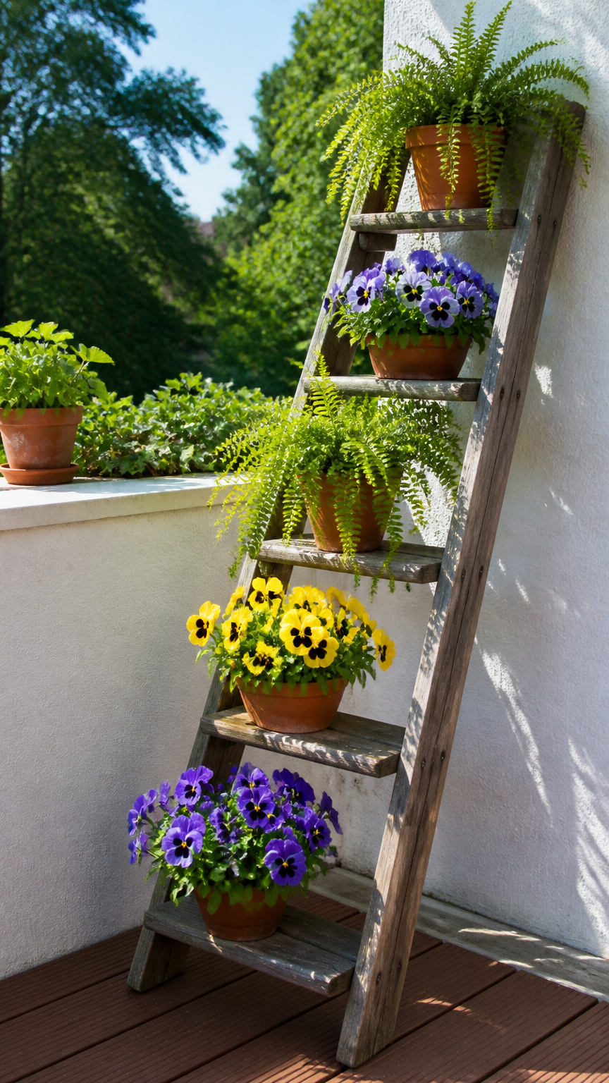 An old wooden stepladder leaning against a white balcony wall, with potted ferns and colorful pansies resting on each...